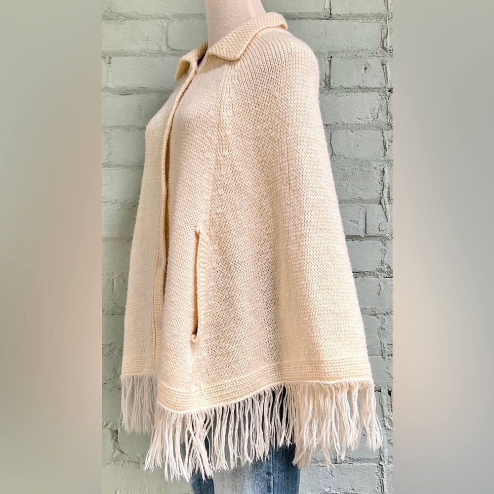 Vintage Cream Button-Up Knit Poncho with Fringe - Picture 2 of 5